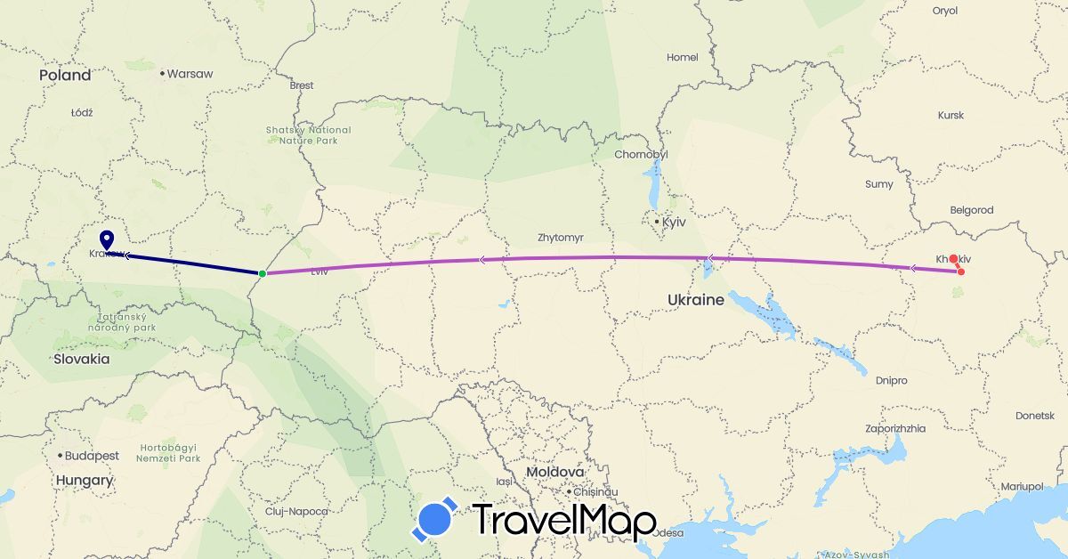 TravelMap itinerary: driving, bus, train, hiking in Poland, Ukraine (Europe)